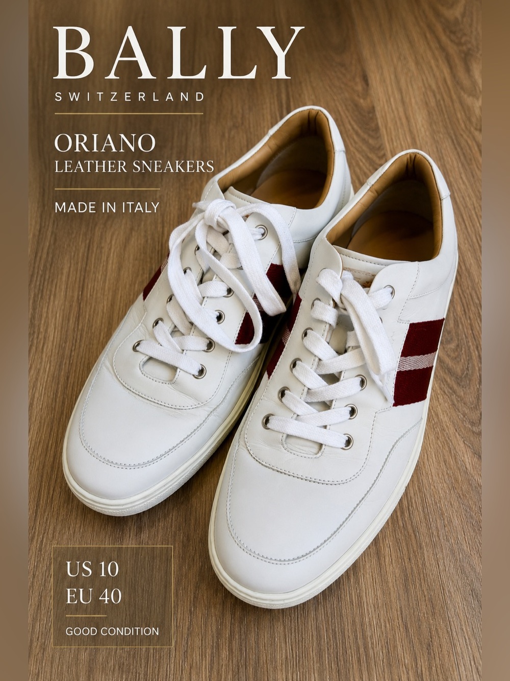 Bally Oriano Leather Sneakers White Red Stripe Made in Italy US 10 EU 40